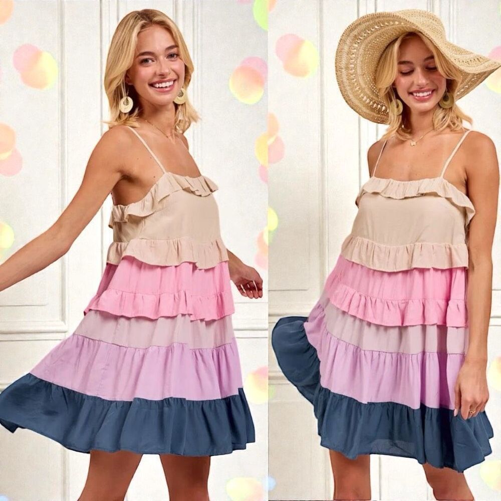 BiBi Color Blocked Ruffled Tiered Dress Medium NWT | - Picture 4 of 14